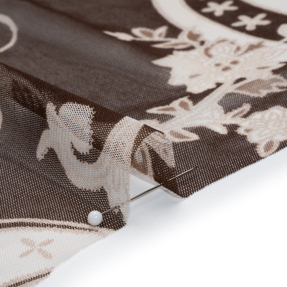 Polyester Mesh Puff Print - Brown and Cream Paisley - Detail Polyester Mesh Puff Print - Brown and Cream Paisley - Detail