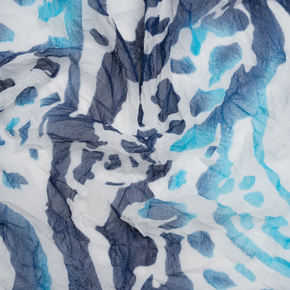 Crinkled Polyester Mesh Print - Navy, Sky Blue and White Abstract Crinkled Polyester Mesh Print - Navy, Sky Blue and White Abstract