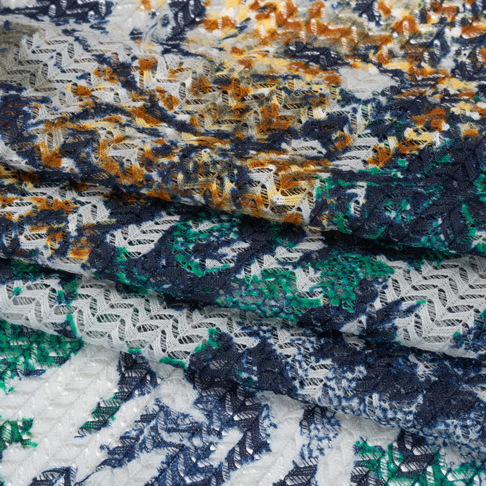 Stretch Polyester Lace Print - Navy, Green and Amber Abstract Stripes on Zig Zags - Folded Stretch Polyester Lace Print - Navy, Green and Amber Abstract Stripes on Zig Zags - Folded