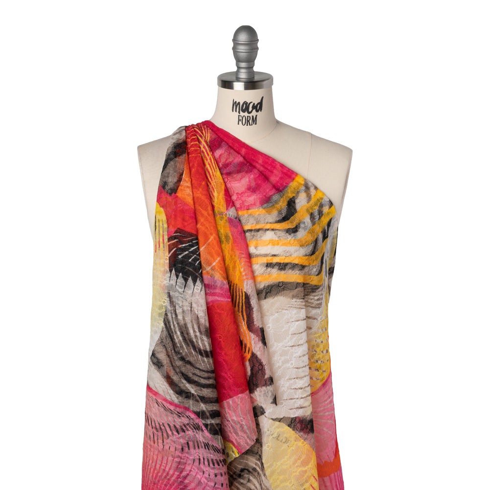 Stretch Polyester Lace Print - Hot Pink, Yellow and Orange Abstract on Floral - Drape Stretch Polyester Lace Print - Hot Pink, Yellow and Orange Abstract on Floral - Drape