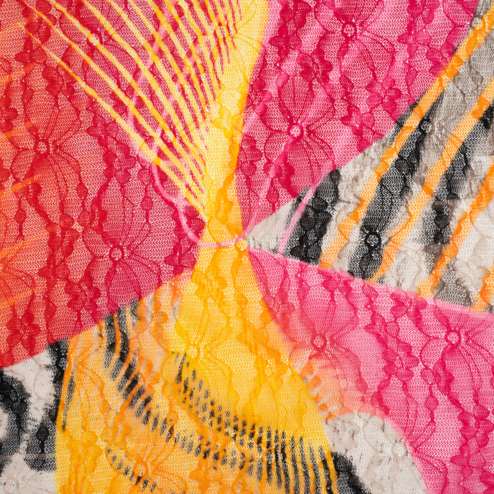 Stretch Polyester Lace Print - Hot Pink, Yellow and Orange Abstract on Floral Stretch Polyester Lace Print - Hot Pink, Yellow and Orange Abstract on Floral