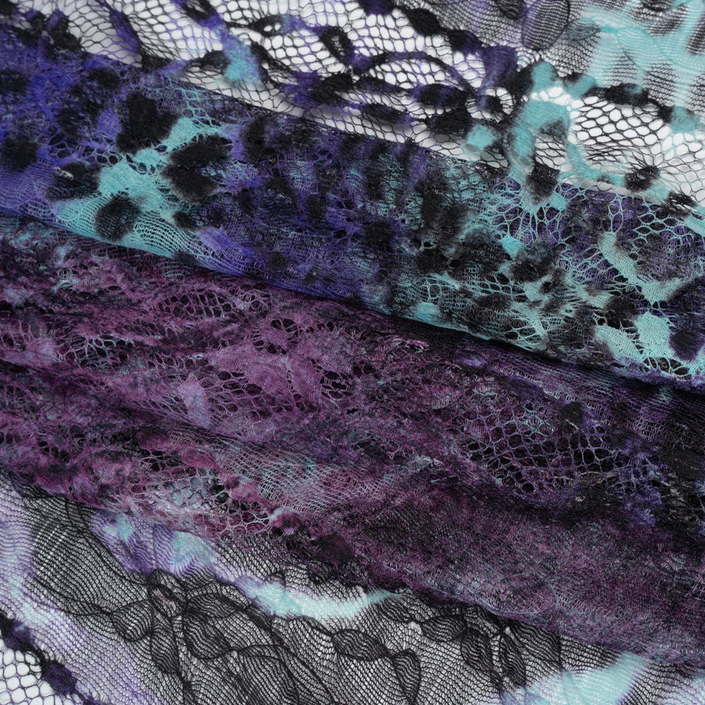 Stretch Polyester Lace Print - Purple, Clover Pink and Seafoam Animal Prints on Floral Stripes - Folded Stretch Polyester Lace Print - Purple, Clover Pink and Seafoam Animal Prints on Floral Stripes - Folded