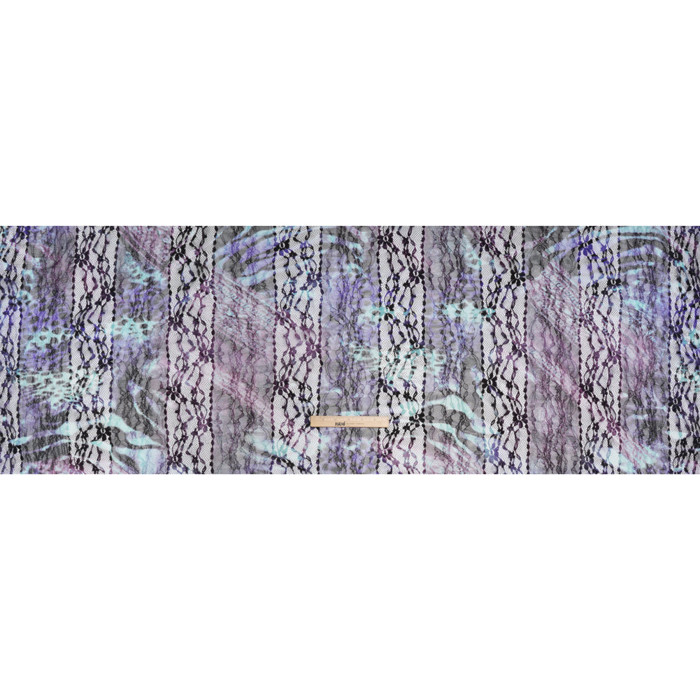 Stretch Polyester Lace Print - Purple, Clover Pink and Seafoam Animal Prints on Floral Stripes - Full Stretch Polyester Lace Print - Purple, Clover Pink and Seafoam Animal Prints on Floral Stripes - Full