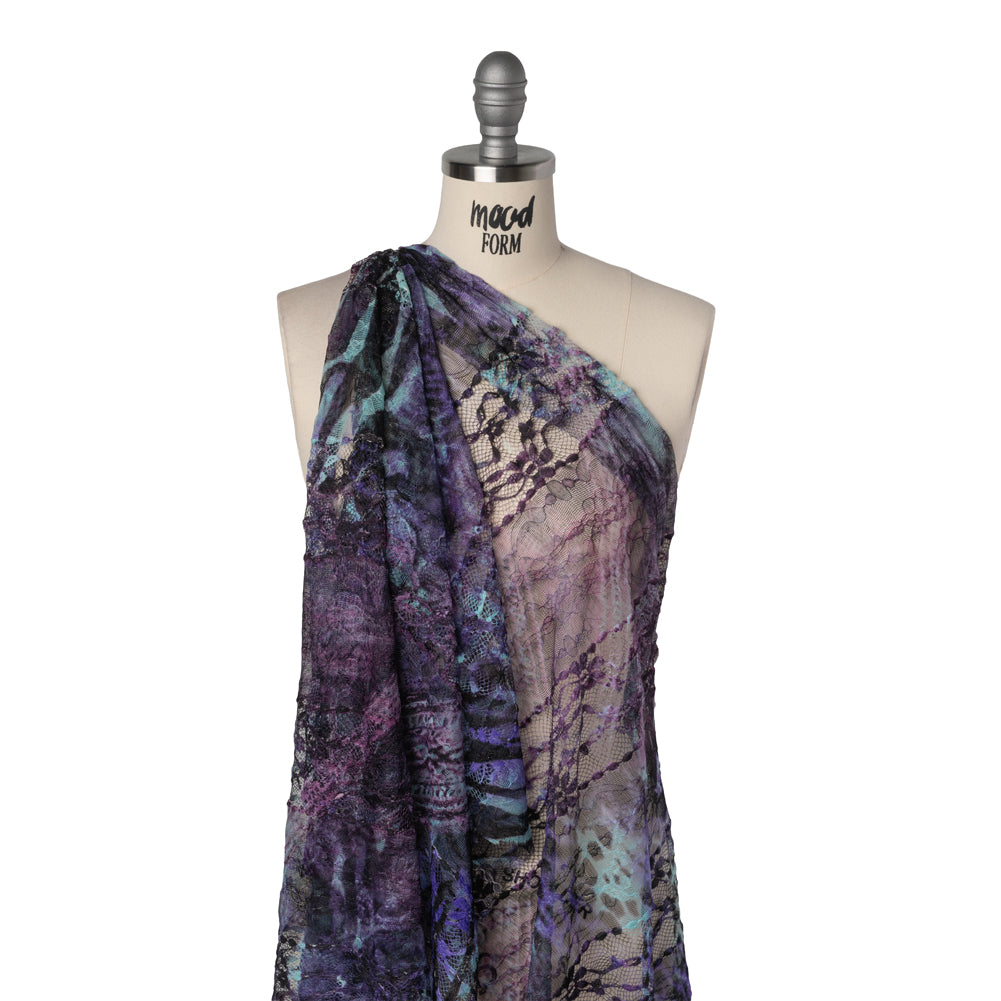 Stretch Polyester Lace Print - Purple, Clover Pink and Seafoam Animal Prints on Floral Stripes - Drape Stretch Polyester Lace Print - Purple, Clover Pink and Seafoam Animal Prints on Floral Stripes - Drape
