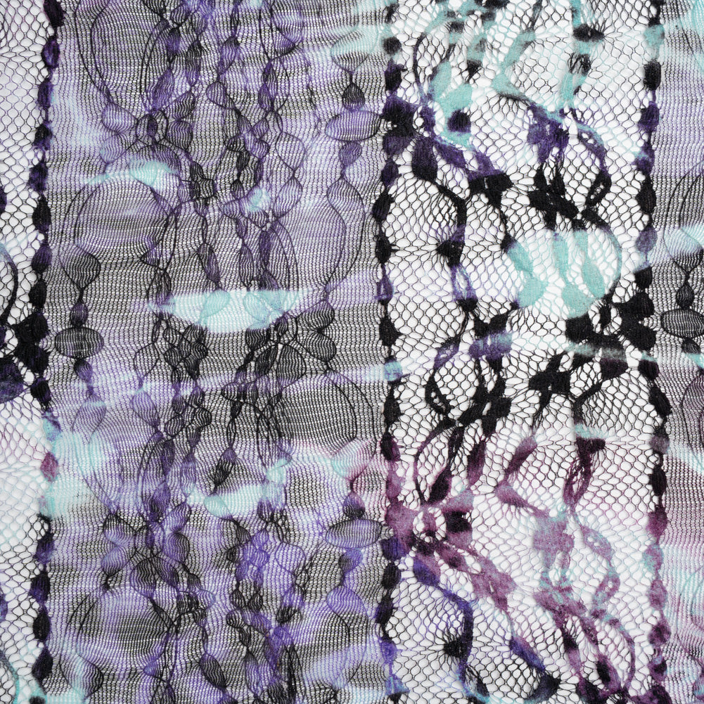 Stretch Polyester Lace Print - Purple, Clover Pink and Seafoam Animal Prints on Floral Stripes Stretch Polyester Lace Print - Purple, Clover Pink and Seafoam Animal Prints on Floral Stripes