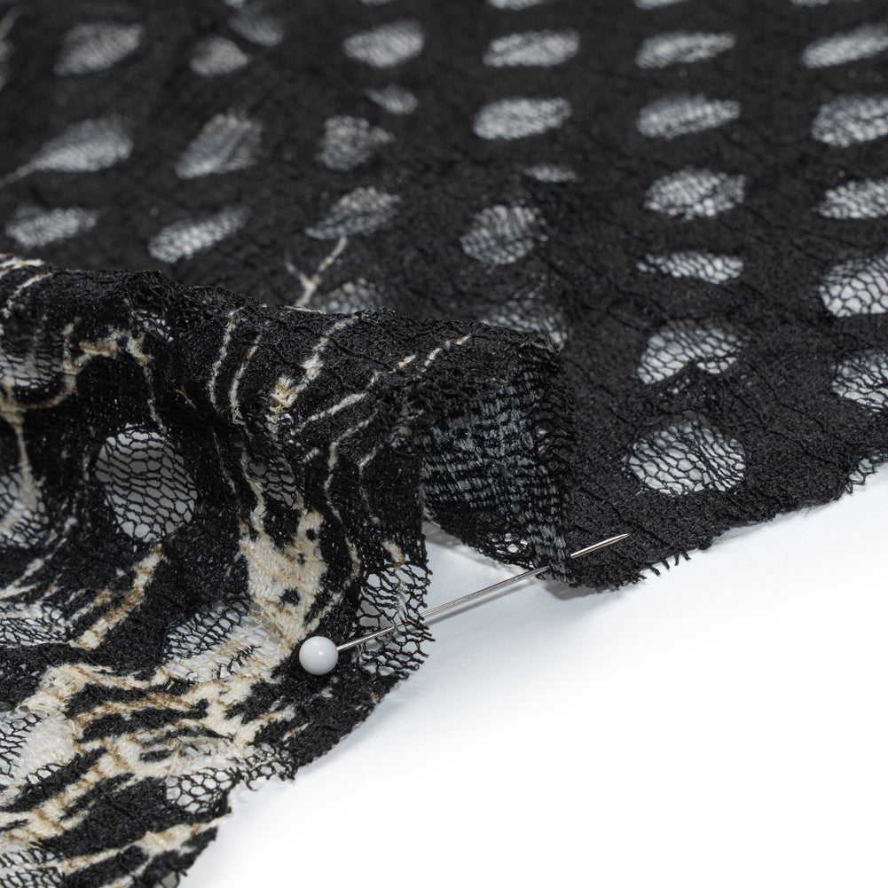 Stretch Polyester Lace Print - Black, Taupe and Beige Growing Branches Border on Polka Dots - Detail Stretch Polyester Lace Print - Black, Taupe and Beige Growing Branches Border on Polka Dots - Detail