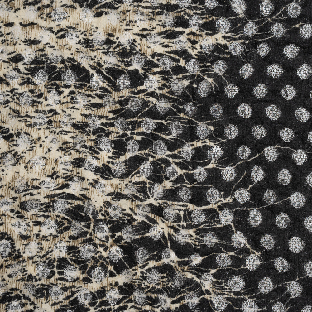 Stretch Polyester Lace Print - Black, Taupe and Beige Growing Branches Border on Polka Dots Stretch Polyester Lace Print - Black, Taupe and Beige Growing Branches Border on Polka Dots