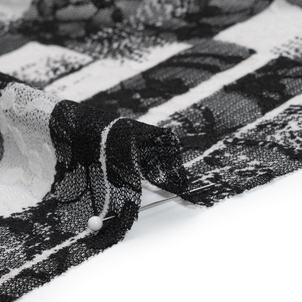 Stretch Polyester Lace Print - Black and White Geometric Abstract on Floral - Detail Stretch Polyester Lace Print - Black and White Geometric Abstract on Floral - Detail
