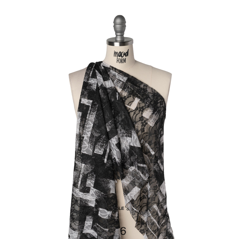 Stretch Polyester Lace Print - Black and White Geometric Abstract on Floral - Drape Stretch Polyester Lace Print - Black and White Geometric Abstract on Floral - Drape