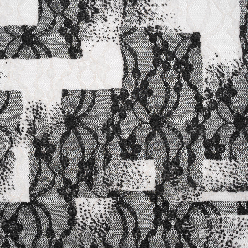Stretch Polyester Lace Print - Black and White Geometric Abstract on Floral Stretch Polyester Lace Print - Black and White Geometric Abstract on Floral