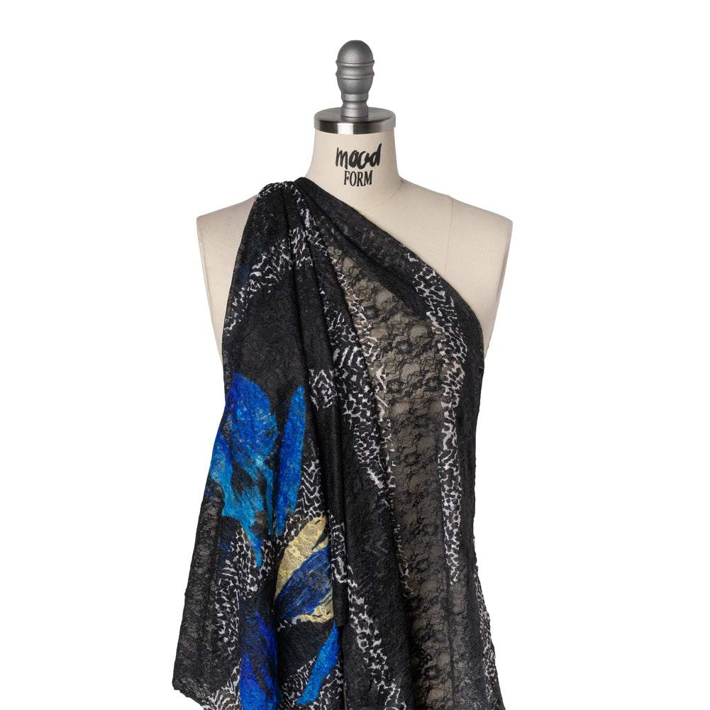 Stretch Polyester Lace Print - Black, White and Bright Blue Abstract Border and Stripes on Floral - Drape Stretch Polyester Lace Print - Black, White and Bright Blue Abstract Border and Stripes on Floral - Drape