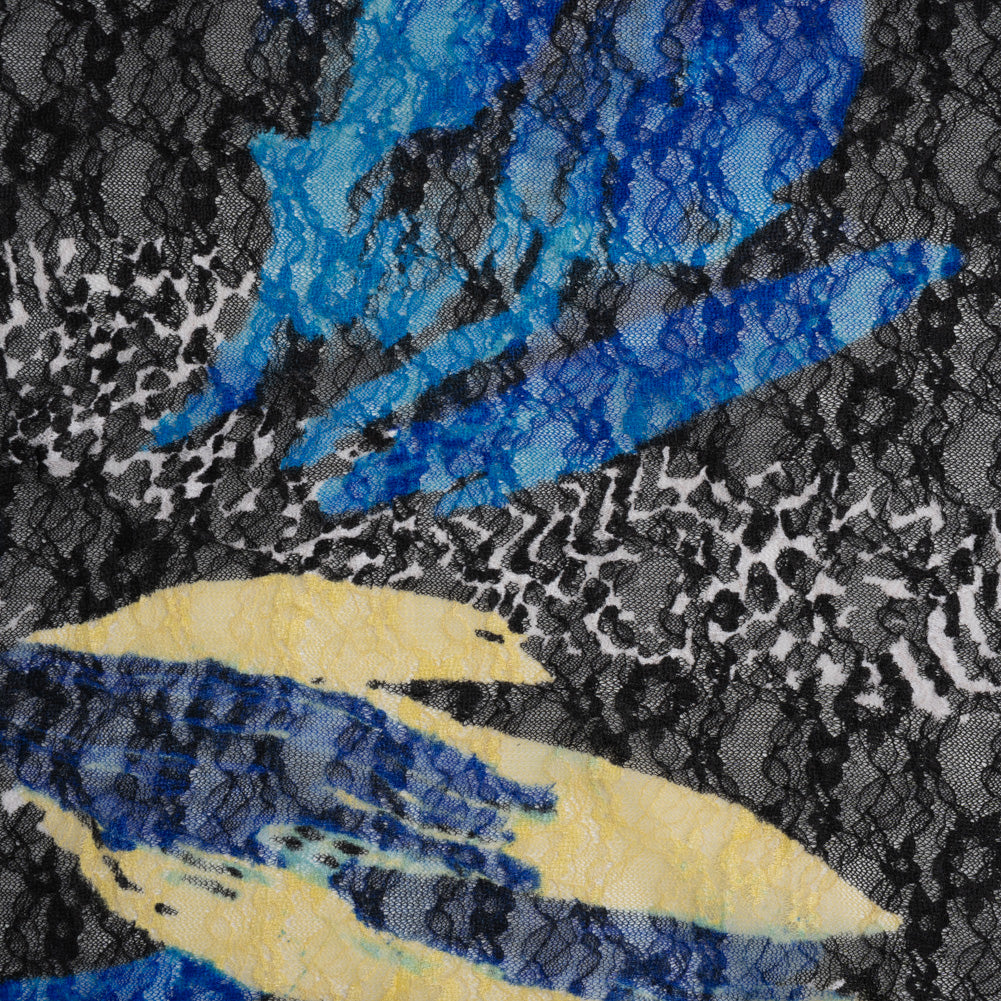 Stretch Polyester Lace Print - Black, White and Bright Blue Abstract Border and Stripes on Floral Stretch Polyester Lace Print - Black, White and Bright Blue Abstract Border and Stripes on Floral