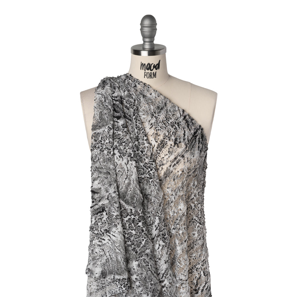 Ruffled Stretch Polyester Lace Print - Black, Gray and White Animal Print on Stripes - Drape Ruffled Stretch Polyester Lace Print - Black, Gray and White Animal Print on Stripes - Drape