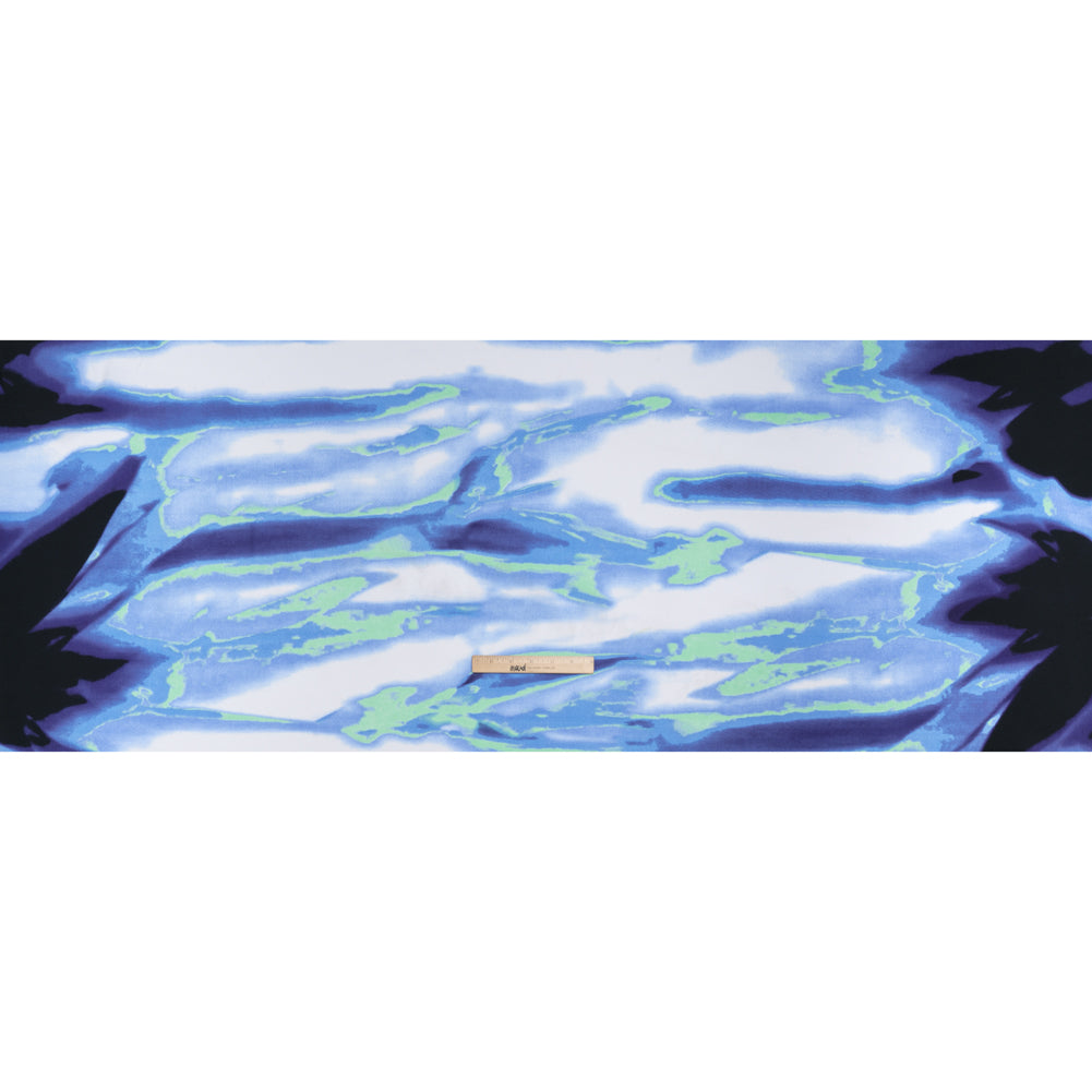 Lightweight Stretch Polyester Crepe - Sky Blue, Bright Mint Green and White Abstract Brushstrokes - Full Lightweight Stretch Polyester Crepe - Sky Blue, Bright Mint Green and White Abstract Brushstrokes - Full