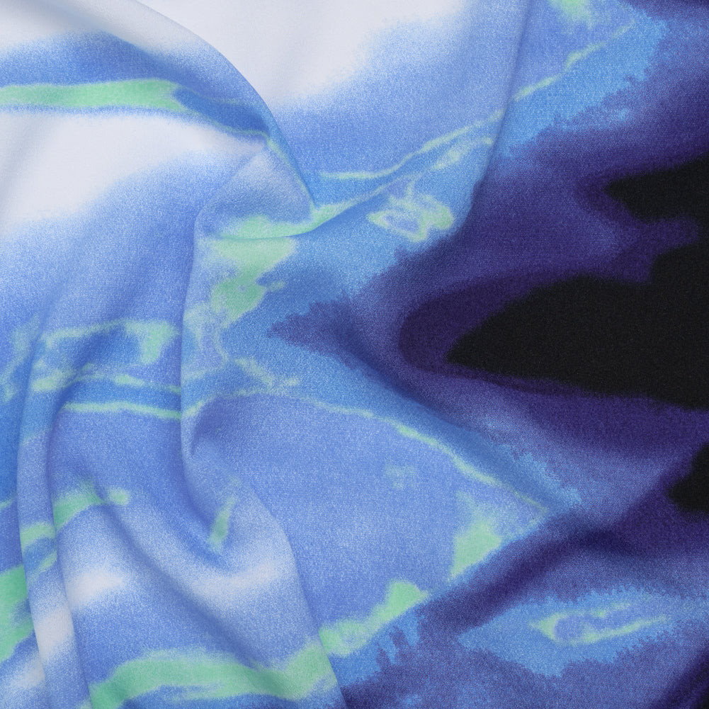 Lightweight Stretch Polyester Crepe - Sky Blue, Bright Mint Green and White Abstract Brushstrokes Lightweight Stretch Polyester Crepe - Sky Blue, Bright Mint Green and White Abstract Brushstrokes