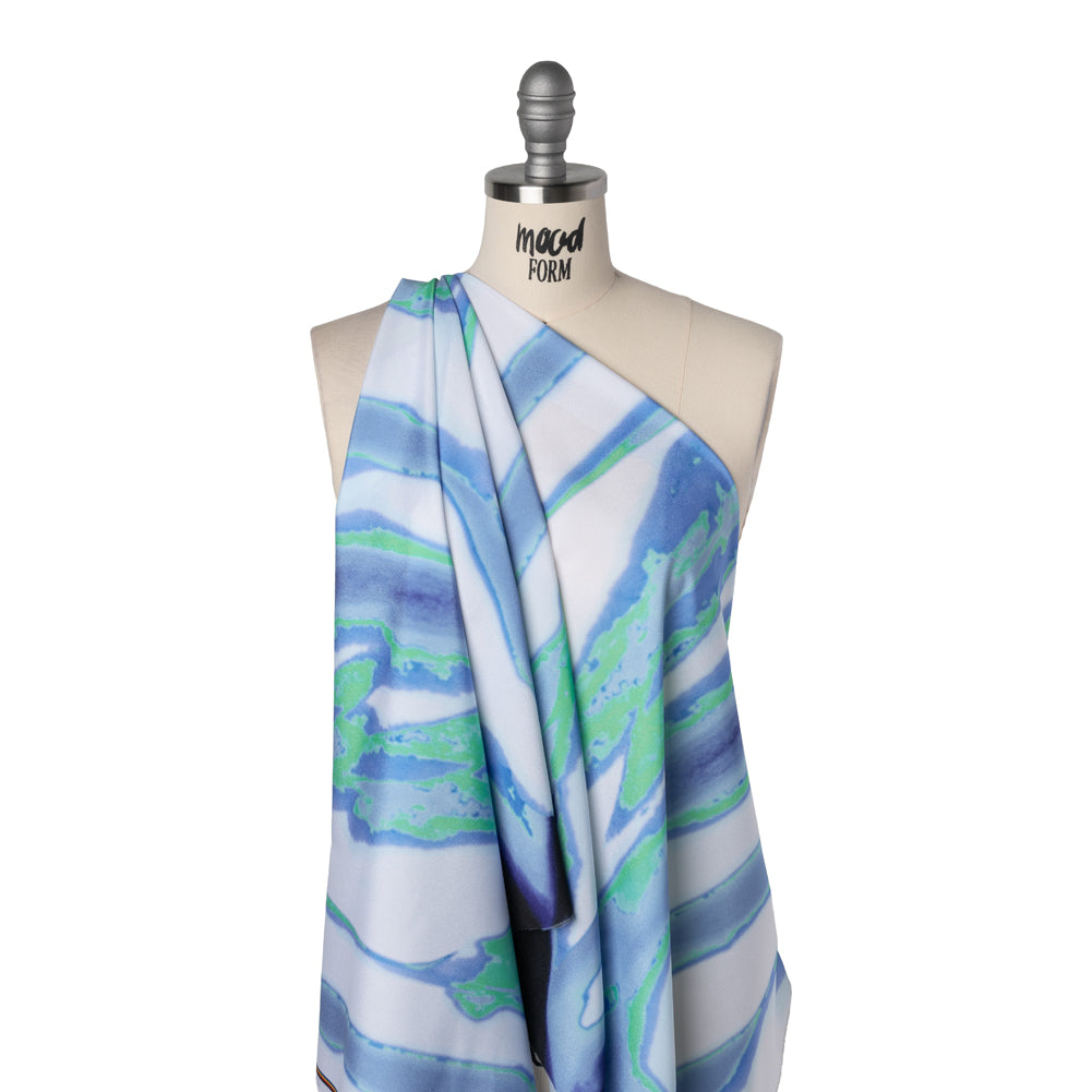 Lightweight Stretch Polyester Crepe - Sky Blue, Bright Mint Green and White Drippy Abstract - Drape Lightweight Stretch Polyester Crepe - Sky Blue, Bright Mint Green and White Drippy Abstract - Drape
