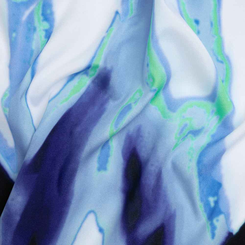 Lightweight Stretch Polyester Crepe - Sky Blue, Bright Mint Green and White Drippy Abstract Lightweight Stretch Polyester Crepe - Sky Blue, Bright Mint Green and White Drippy Abstract