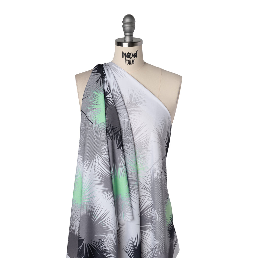 Lightweight Stretch Polyester Crepe - Black, Gray and Mint Green Palm Leaves - Drape Lightweight Stretch Polyester Crepe - Black, Gray and Mint Green Palm Leaves - Drape