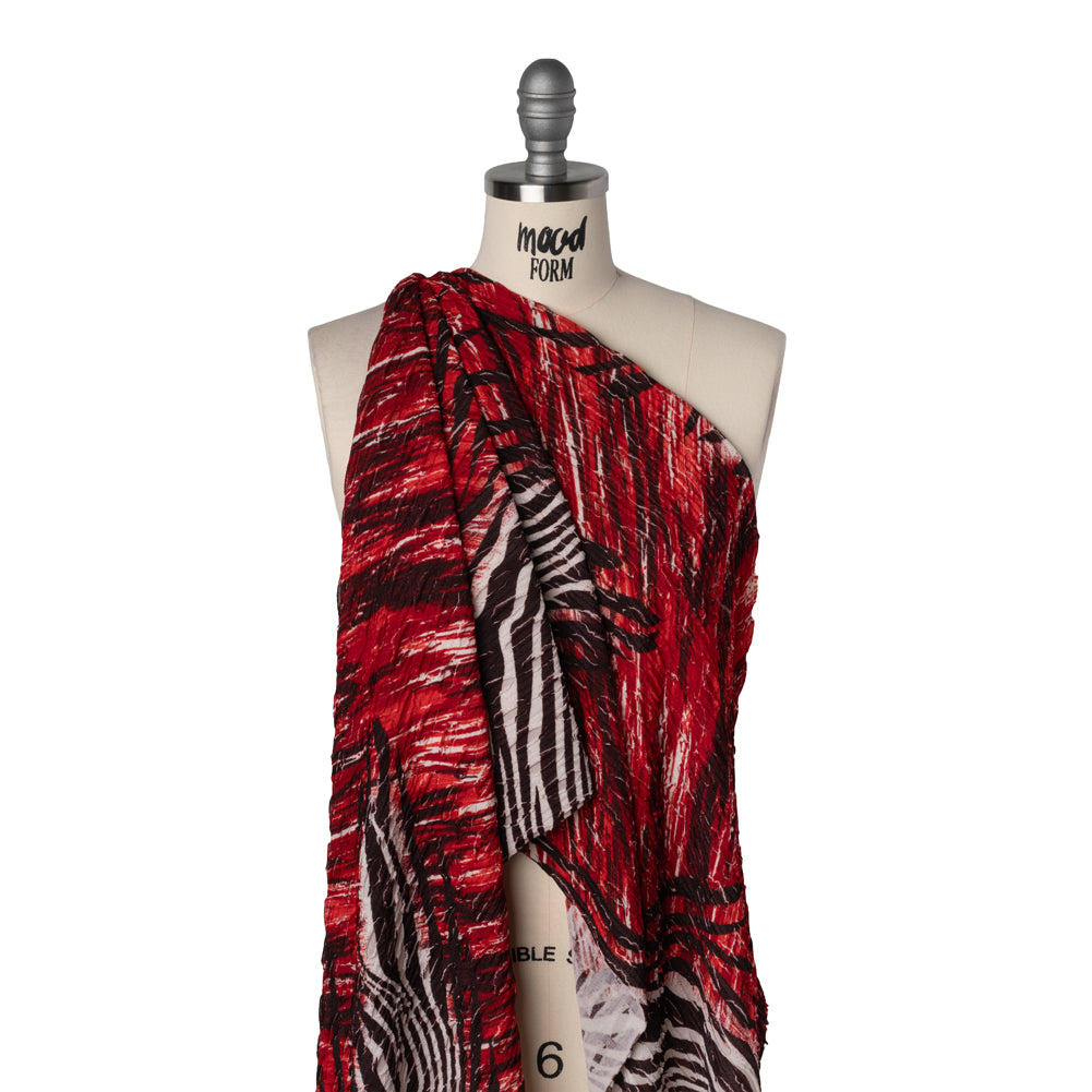 Slashed Ruffles Stretch Polyester Crepe Knit Print - Red and Black Abstract - Drape Slashed Ruffles Stretch Polyester Crepe Knit Print - Red and Black Abstract - Drape