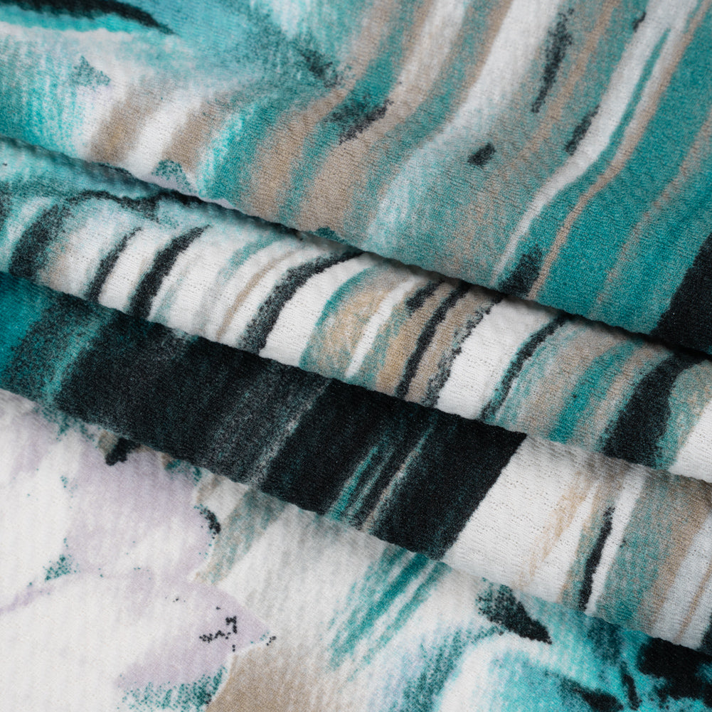 Puckered Stretch Polyester Crepe Double Knit - Teal, Taupe and Black Dripping Flowers Border - Folded Puckered Stretch Polyester Crepe Double Knit - Teal, Taupe and Black Dripping Flowers Border - Folded