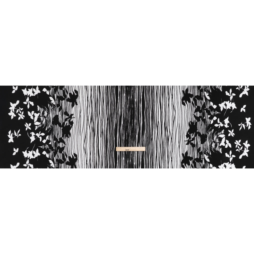 Puckered Stretch Polyester Crepe Double Knit - Black and White Flowers and Stems - Full Puckered Stretch Polyester Crepe Double Knit - Black and White Flowers and Stems - Full