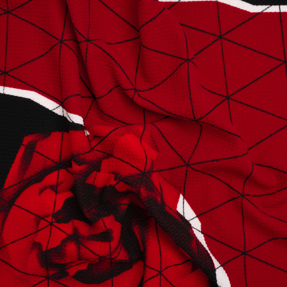 Puckered Stretch Polyester Crepe Double Knit - Red, Black and White Isometric Grid and Roses Puckered Stretch Polyester Crepe Double Knit - Red, Black and White Isometric Grid and Roses