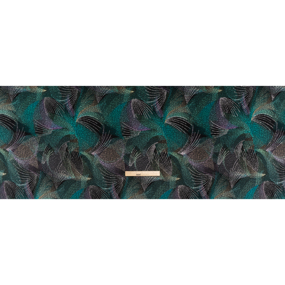 Stretch Polyester Jacquard Double Knit with Metallic Foiling - Teal, Purple and Black Abstract Swishes - Full Stretch Polyester Jacquard Double Knit with Metallic Foiling - Teal, Purple and Black Abstract Swishes - Full