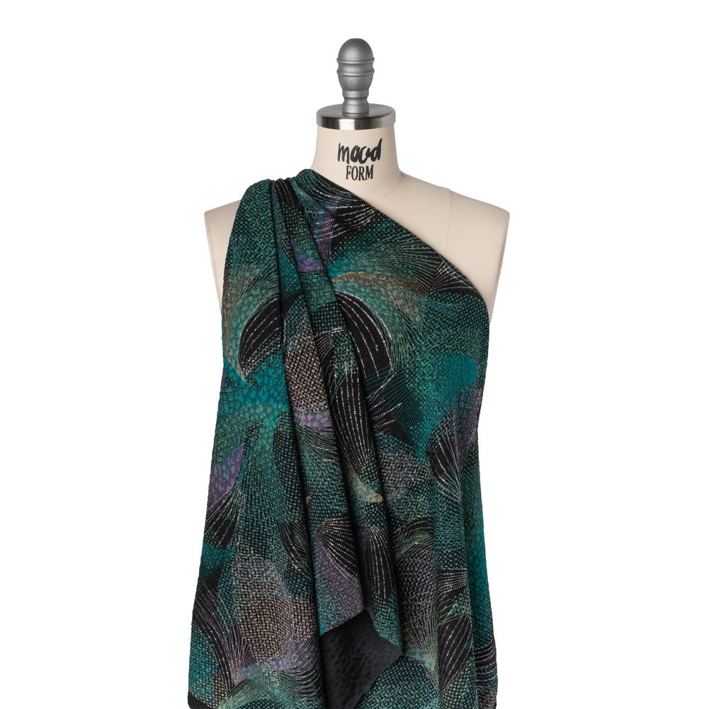 Stretch Polyester Jacquard Double Knit with Metallic Foiling - Teal, Purple and Black Abstract Swishes - Drape Stretch Polyester Jacquard Double Knit with Metallic Foiling - Teal, Purple and Black Abstract Swishes - Drape