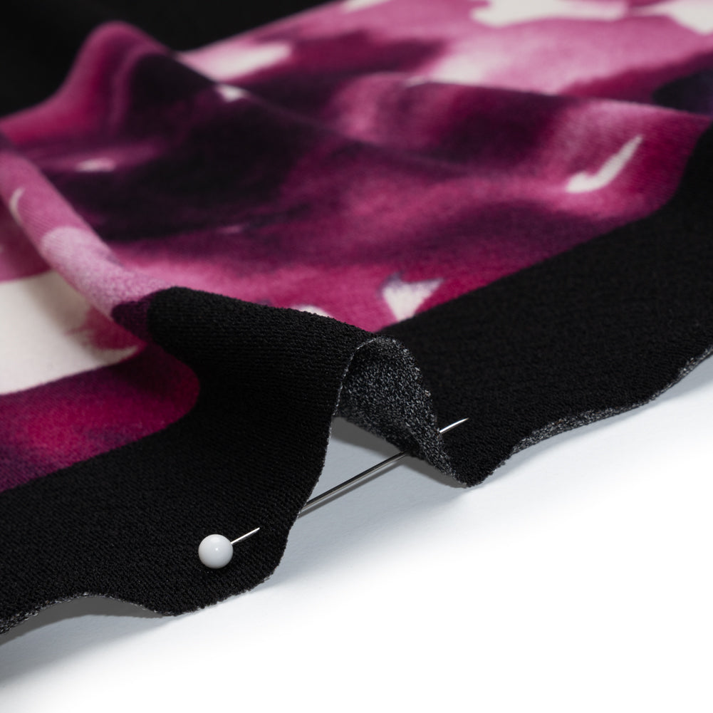 Stretch Polyester Crepe Knit Panel - Black, Mulberry and Dark Purple Floral Stripes - Detail Stretch Polyester Crepe Knit Panel - Black, Mulberry and Dark Purple Floral Stripes - Detail