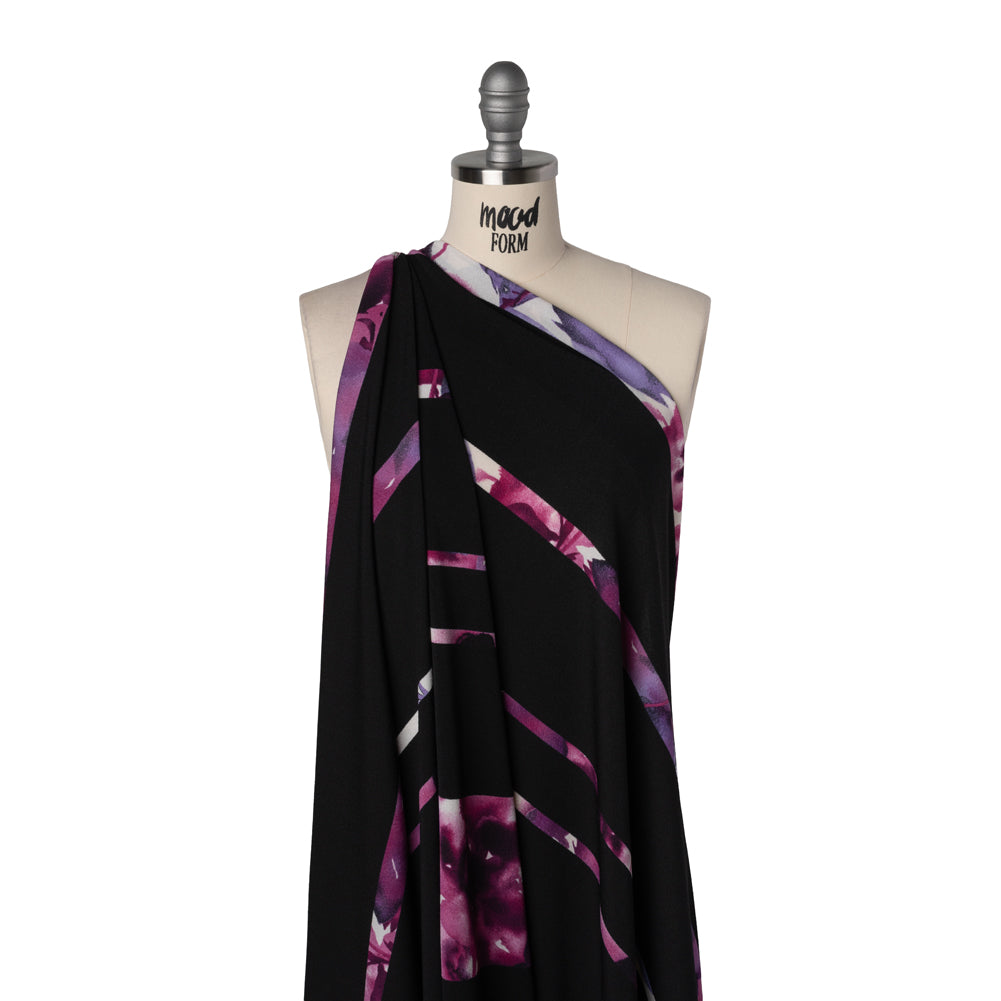 Stretch Polyester Crepe Knit Panel - Black, Mulberry and Dark Purple Floral Stripes - Drape Stretch Polyester Crepe Knit Panel - Black, Mulberry and Dark Purple Floral Stripes - Drape
