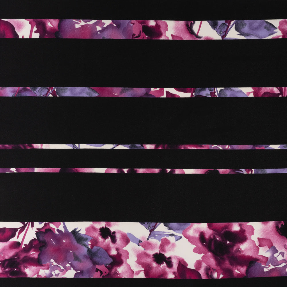 Stretch Polyester Crepe Knit Panel - Black, Mulberry and Dark Purple Floral Stripes Stretch Polyester Crepe Knit Panel - Black, Mulberry and Dark Purple Floral Stripes
