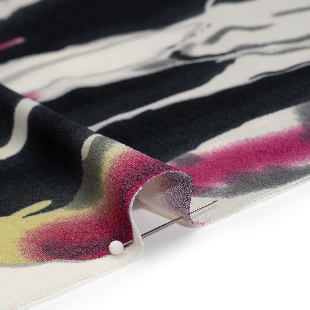 Stretch Polyester Crepe Knit Print - Magenta, Black, and Cream Painterly Drip Borders - Detail Stretch Polyester Crepe Knit Print - Magenta, Black, and Cream Painterly Drip Borders - Detail