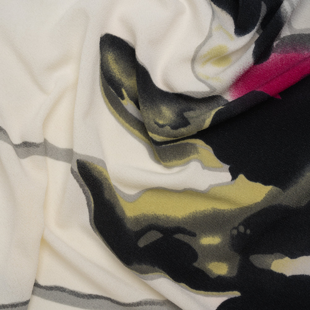 Stretch Polyester Crepe Knit Print - Magenta, Black, and Cream Painterly Drip Borders Stretch Polyester Crepe Knit Print - Magenta, Black, and Cream Painterly Drip Borders