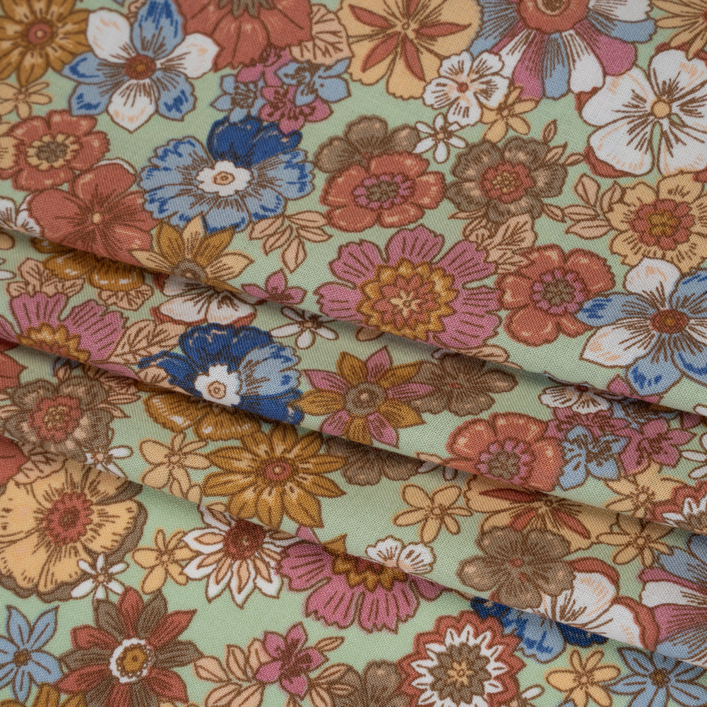 Rayon Challis Print - Red, Mustard Yellow and Mint Green Floral - Deadstock - Folded Rayon Challis Print - Red, Mustard Yellow and Mint Green Floral - Deadstock - Folded