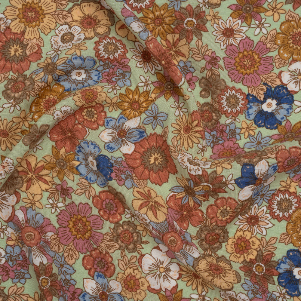 Rayon Challis Print - Red, Mustard Yellow and Mint Green Floral - Deadstock Rayon Challis Print - Red, Mustard Yellow and Mint Green Floral - Deadstock