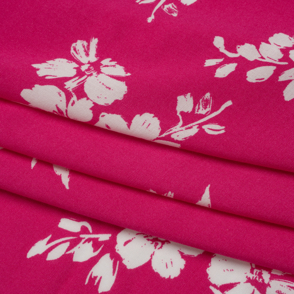 Rayon Challis Print - Fuchsia Pink and White Painterly Floral - Deadstock - Folded Rayon Challis Print - Fuchsia Pink and White Painterly Floral - Deadstock - Folded