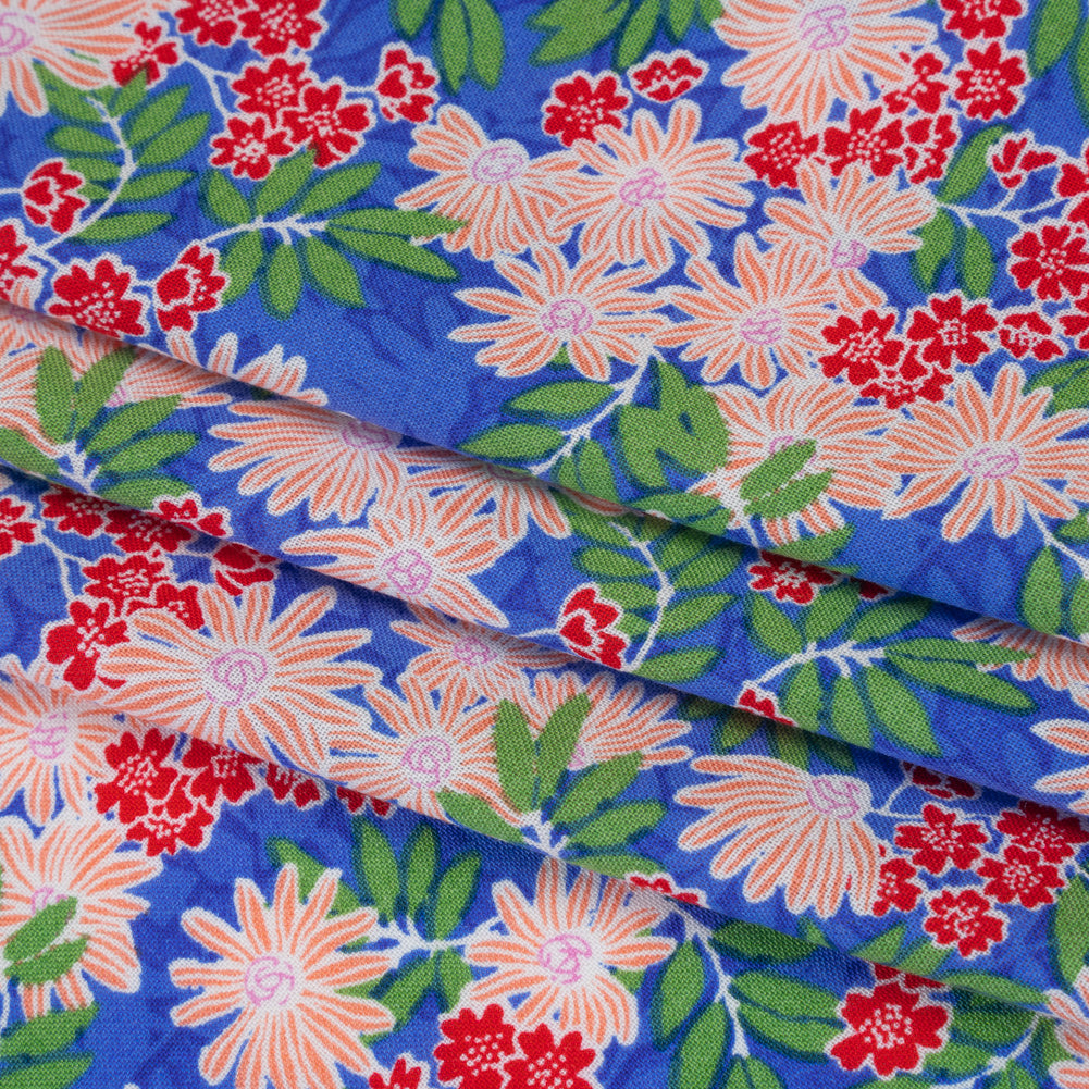 Rayon Challis Print - Azure Blue, Chili Red and Green Tropical Floral - Deadstock - Folded Rayon Challis Print - Azure Blue, Chili Red and Green Tropical Floral - Deadstock - Folded