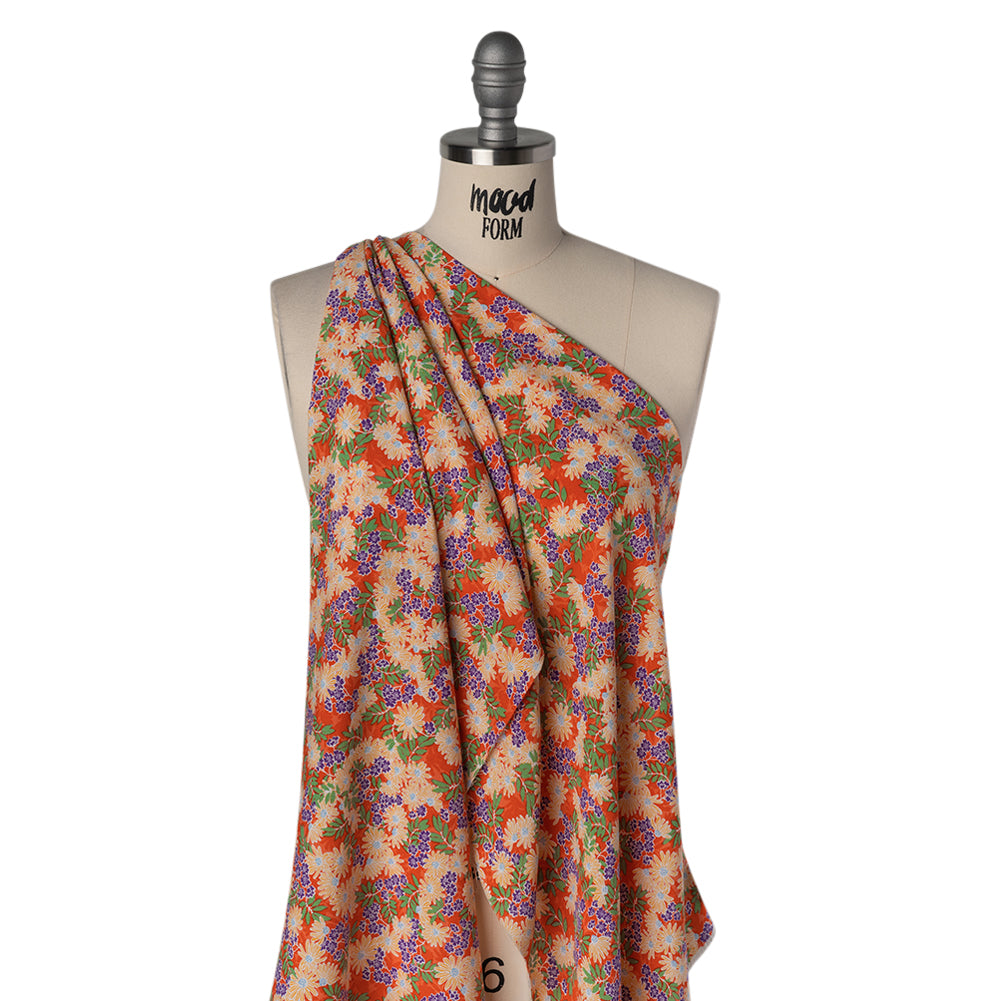 Rayon Challis Print - Saffron Orange, Purple and Green Tropical Floral - Deadstock - Drape Rayon Challis Print - Saffron Orange, Purple and Green Tropical Floral - Deadstock - Drape