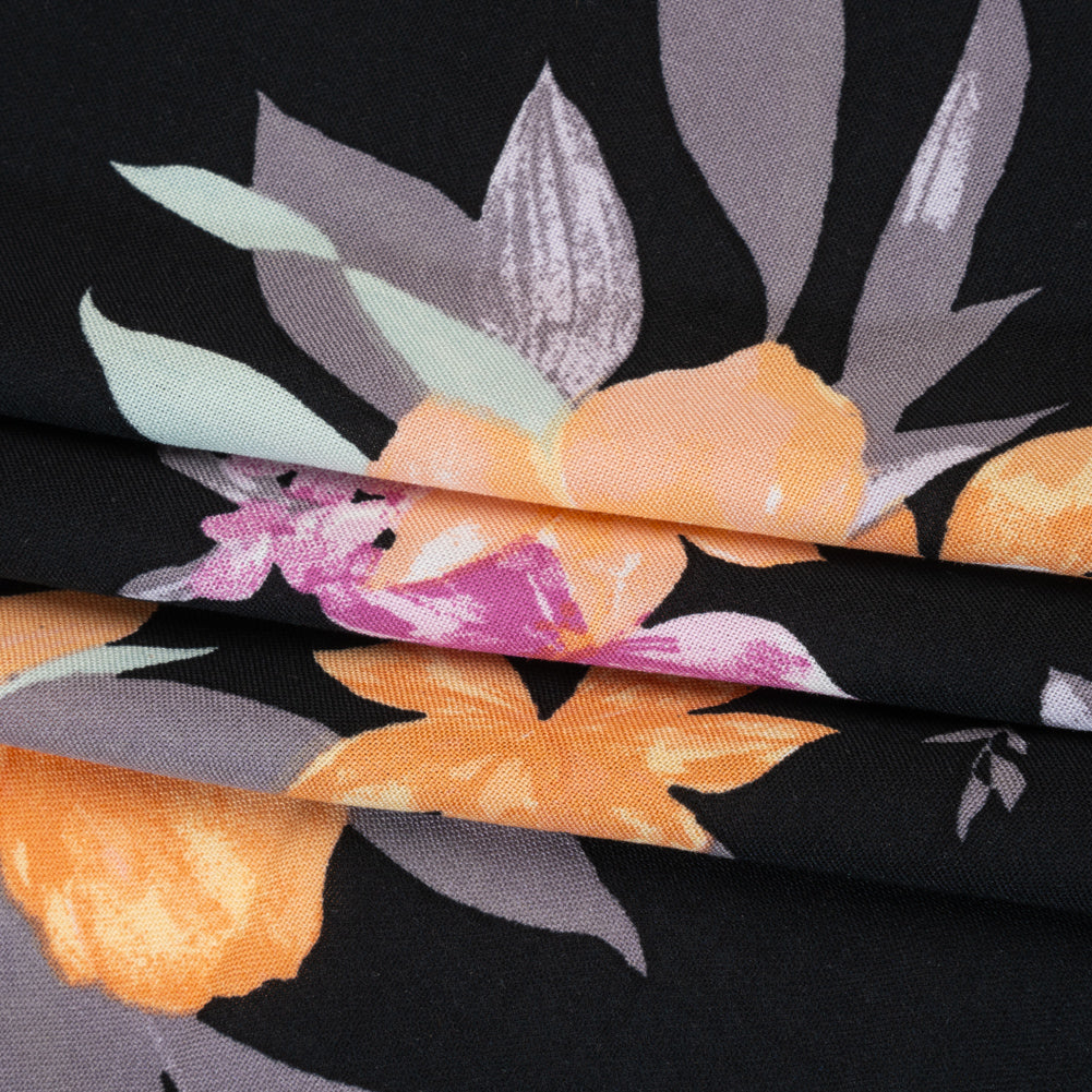 Rayon Challis Print - Black, Bubblegum Pink and Creamsicle Orange Floral - Deadstock - Folded Rayon Challis Print - Black, Bubblegum Pink and Creamsicle Orange Floral - Deadstock - Folded