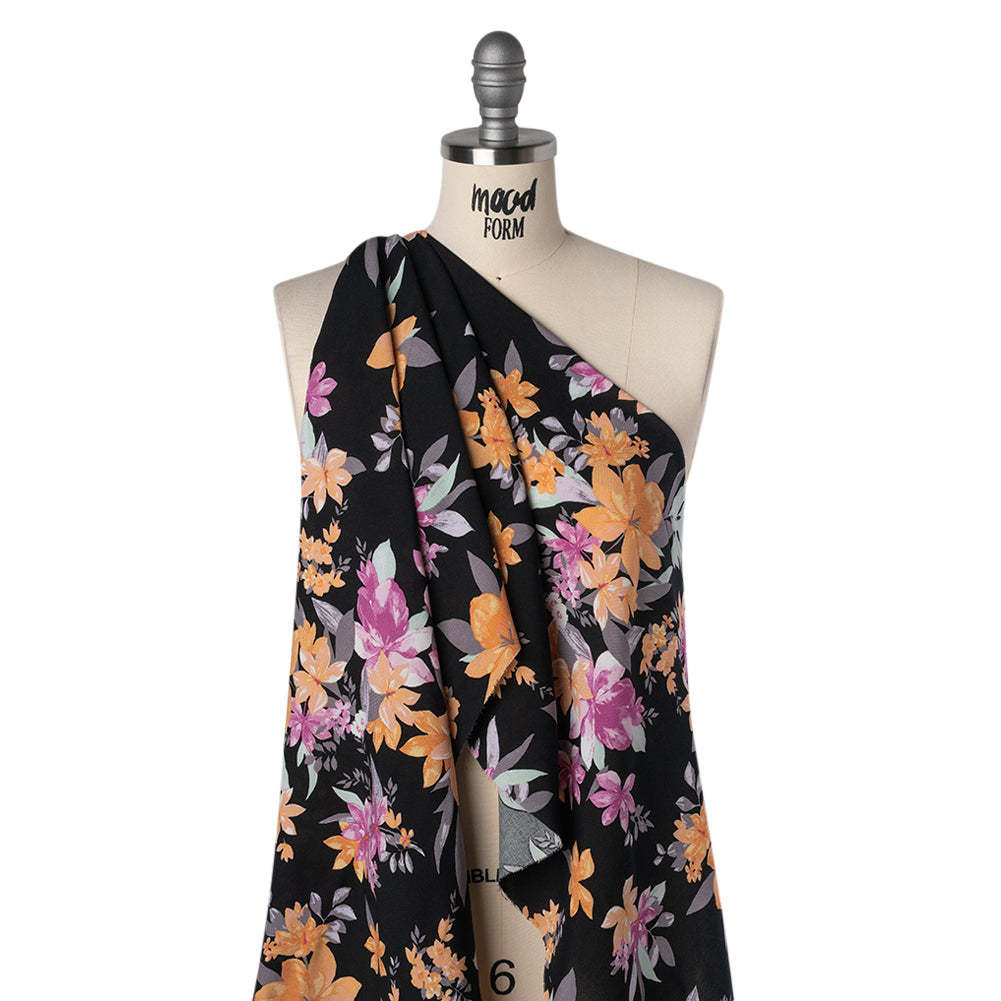 Rayon Challis Print - Black, Bubblegum Pink and Creamsicle Orange Floral - Deadstock - Drape Rayon Challis Print - Black, Bubblegum Pink and Creamsicle Orange Floral - Deadstock - Drape