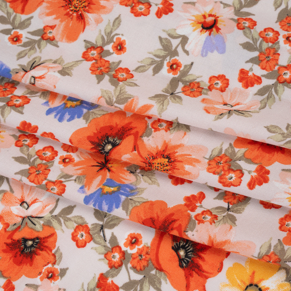 Rayon Challis Print - Coral Orange, Light Beige and Violet Blue Floral - Deadstock - Folded Rayon Challis Print - Coral Orange, Light Beige and Violet Blue Floral - Deadstock - Folded