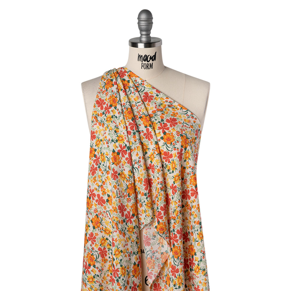 Rayon Challis Print - Vibrant Orange, Autumn Red and Sunny Yellow Floral - Deadstock - Drape Rayon Challis Print - Vibrant Orange, Autumn Red and Sunny Yellow Floral - Deadstock - Drape