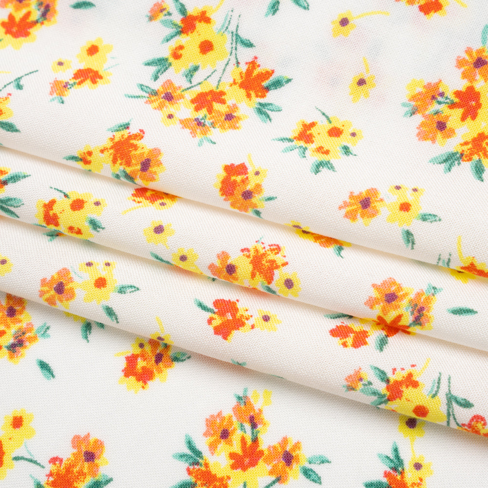 Rayon Challis Print - Vibrant Yellow, Coral Red and Honey Orange Painterly Floral - Deadstock - Folded Rayon Challis Print - Vibrant Yellow, Coral Red and Honey Orange Painterly Floral - Deadstock - Folded