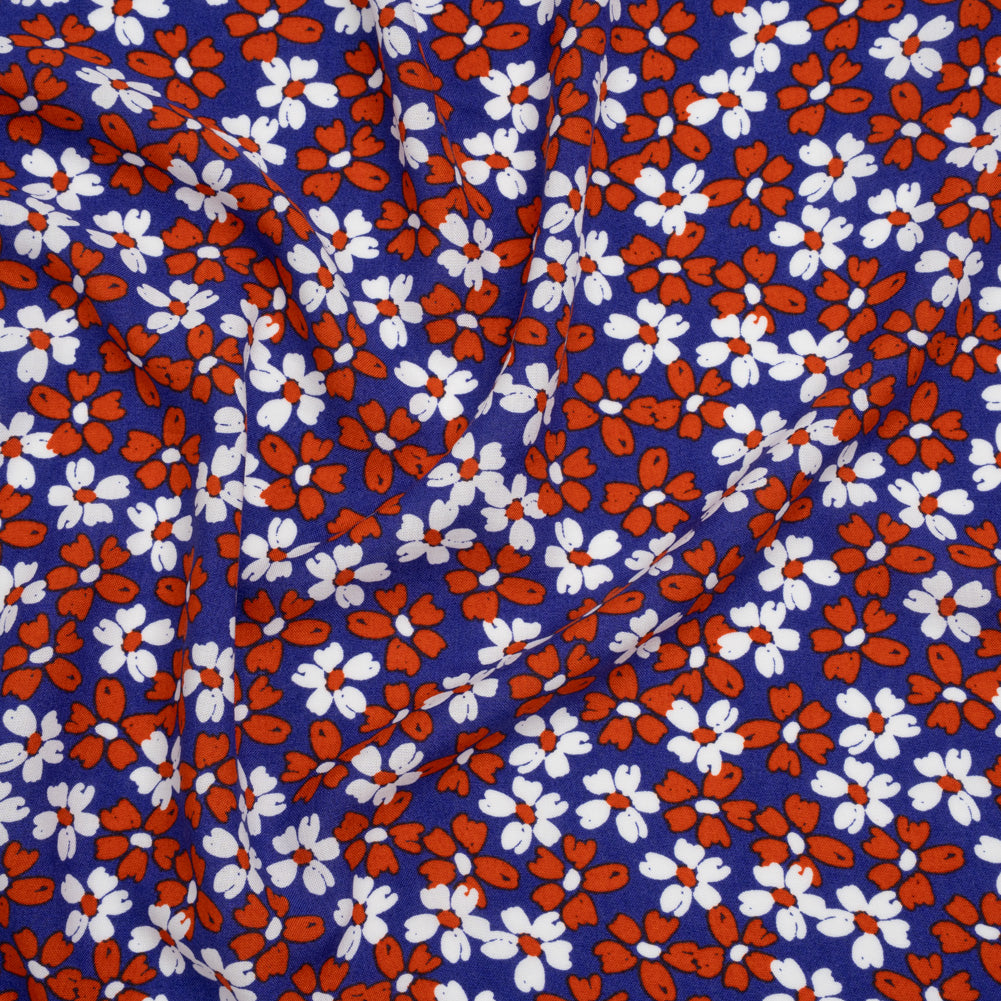 Rayon Challis Print - Brick Red, Navy Blue and White Painterly Floral - Deadstock Rayon Challis Print - Brick Red, Navy Blue and White Painterly Floral - Deadstock