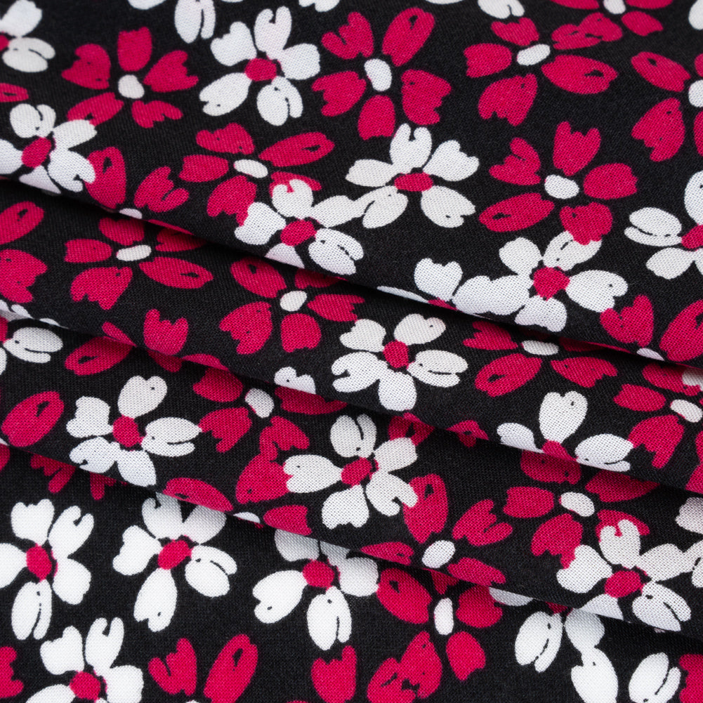 Rayon Challis Print - Black, Fuchsia Pink and White Painterly Floral - Deadstock - Folded Rayon Challis Print - Black, Fuchsia Pink and White Painterly Floral - Deadstock - Folded