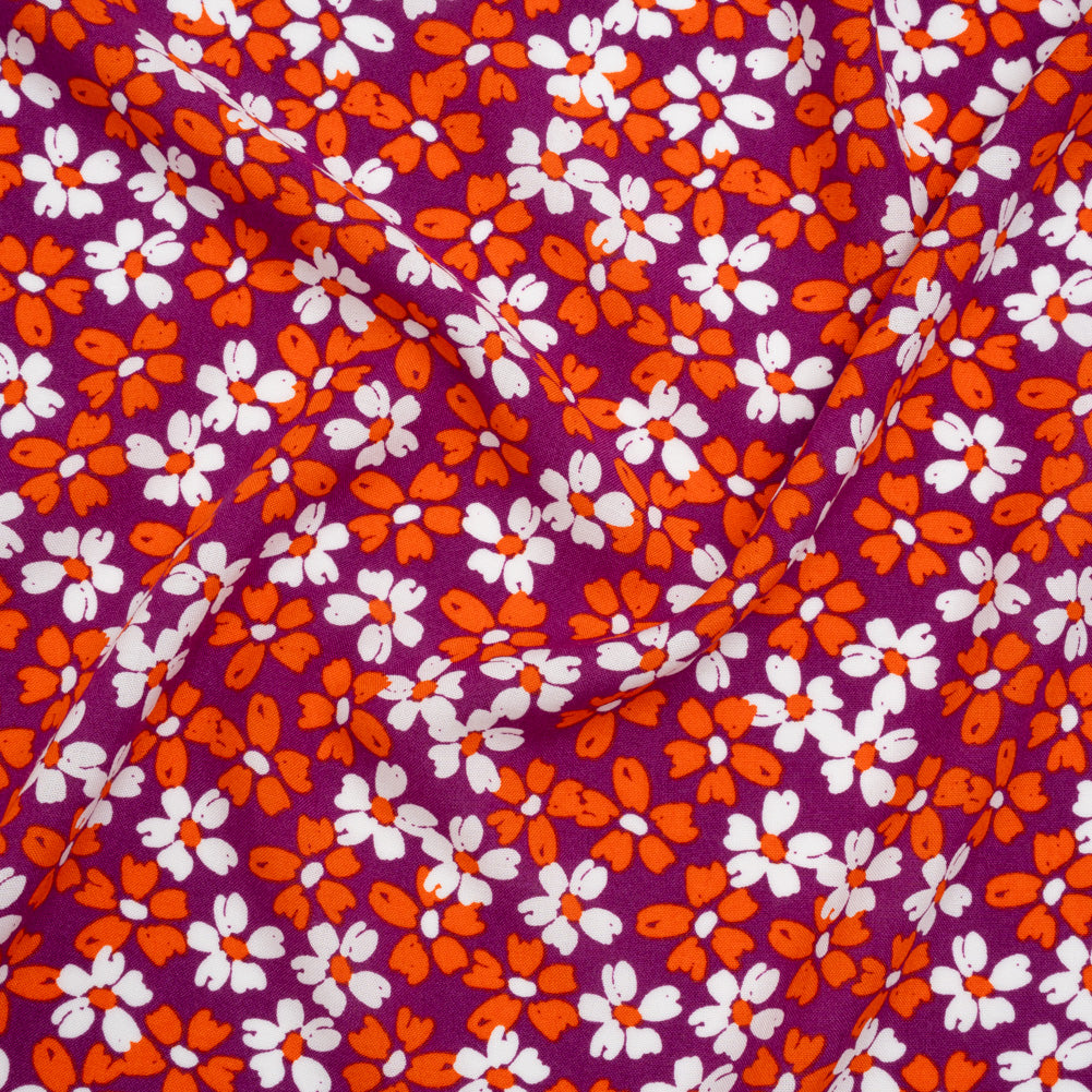 Rayon Challis Print - Tangerine Orange, Burgundy Purple and White Painterly Floral - Deadstock Rayon Challis Print - Tangerine Orange, Burgundy Purple and White Painterly Floral - Deadstock
