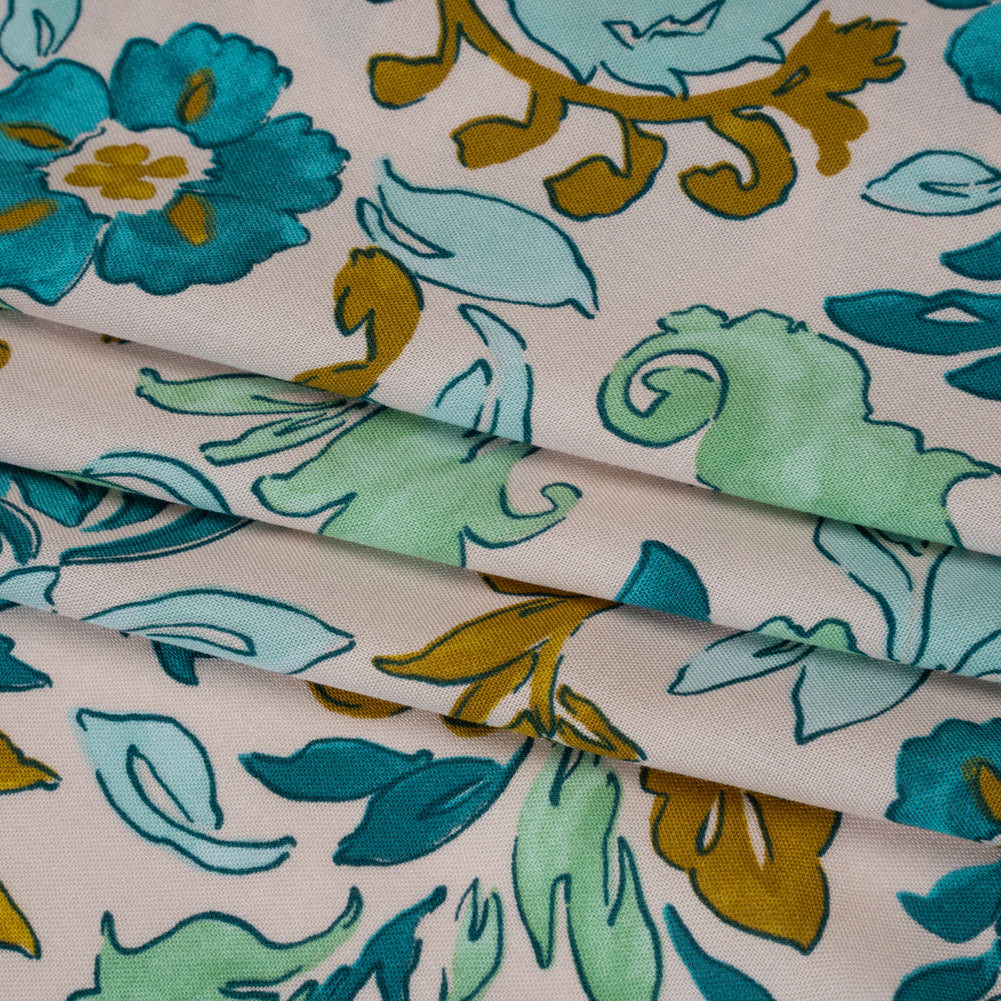 Rayon Challis Print - Dark Mint Green, Teal and Antique Gold Floral - Deadstock - Folded Rayon Challis Print - Dark Mint Green, Teal and Antique Gold Floral - Deadstock - Folded