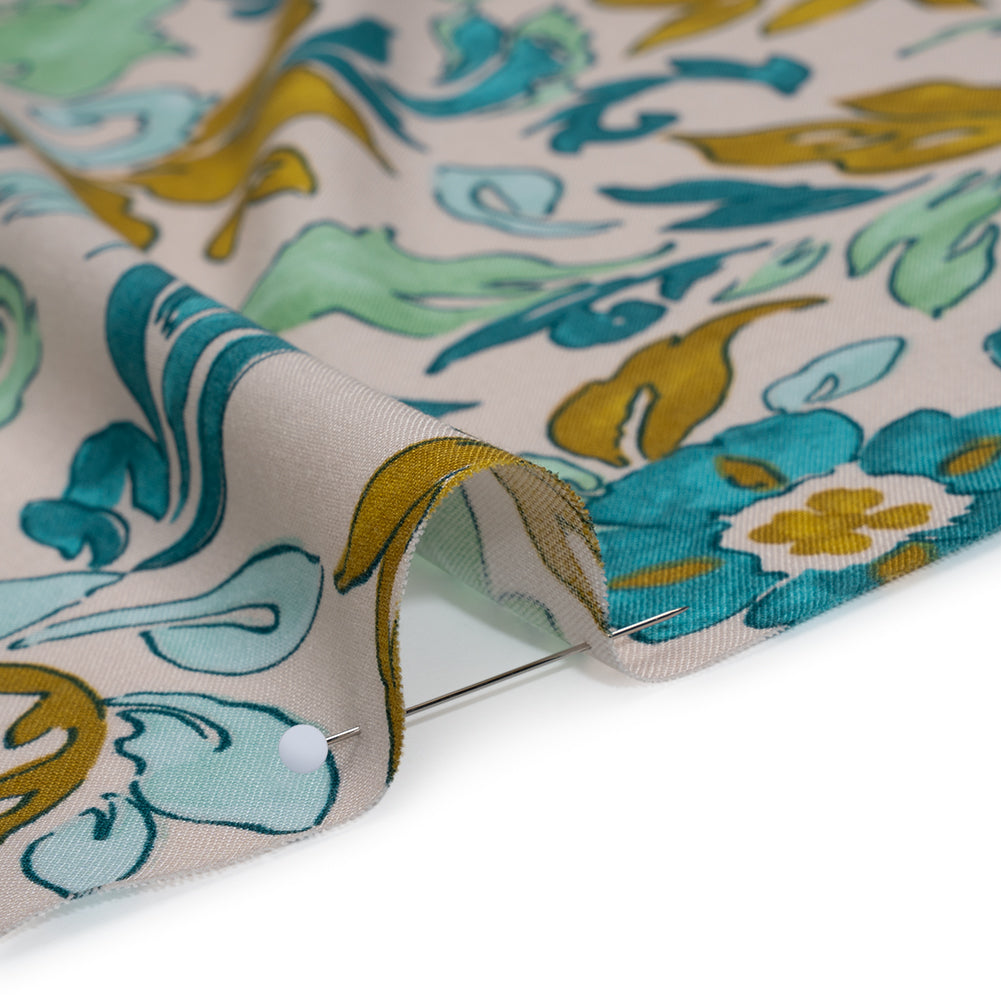 Rayon Challis Print - Dark Mint Green, Teal and Antique Gold Floral - Deadstock - Detail Rayon Challis Print - Dark Mint Green, Teal and Antique Gold Floral - Deadstock - Detail