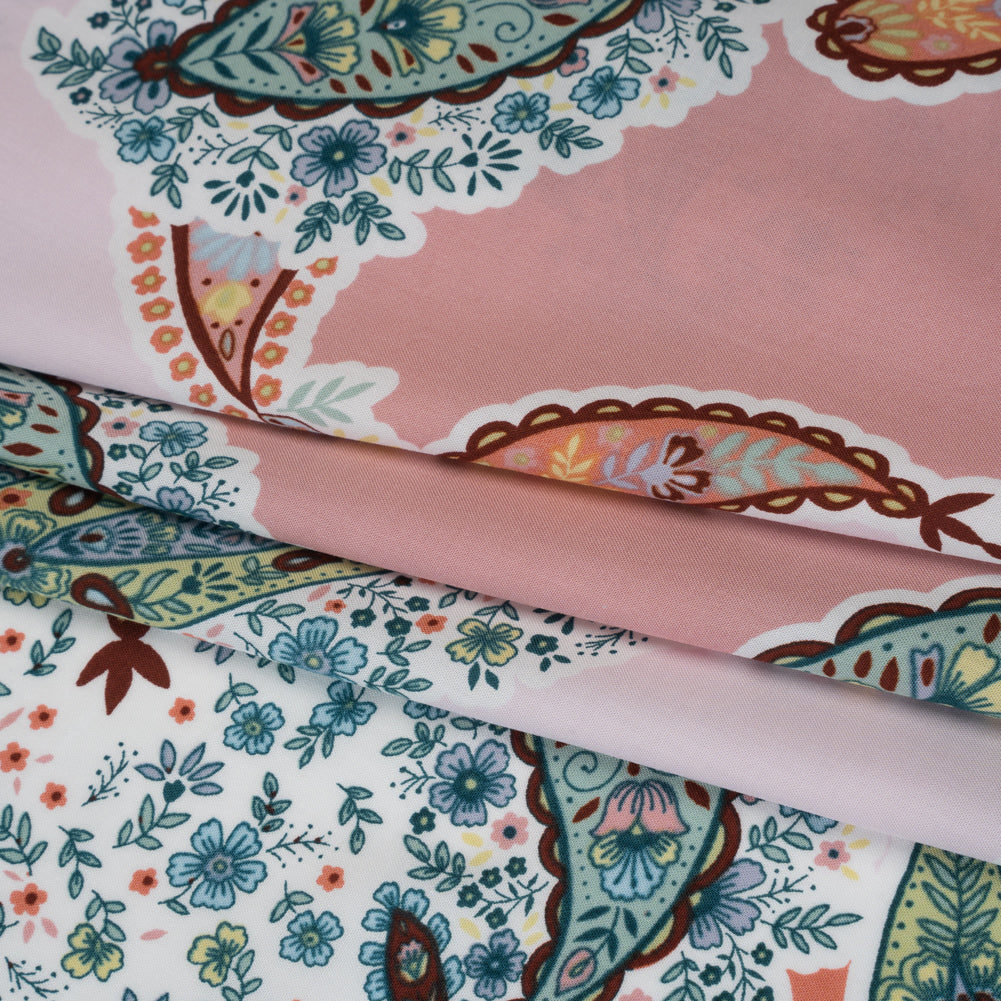 Rayon Challis Print - Pink and Green Paisley Floral Patchwork - Deadstock - Folded Rayon Challis Print - Pink and Green Paisley Floral Patchwork - Deadstock - Folded