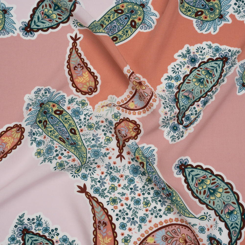 Rayon Challis Print - Pink and Green Paisley Floral Patchwork - Deadstock Rayon Challis Print - Pink and Green Paisley Floral Patchwork - Deadstock